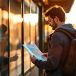 Comment choisir l'emplacement idéal pour un logement étudiant rentable et attractif Étudiant avec un sac à dos consultant un plan du tram à un arrêt urbain au coucher du soleil, lumière chaude et volumétrique, rails et bâtiments flous en arrière-plan.