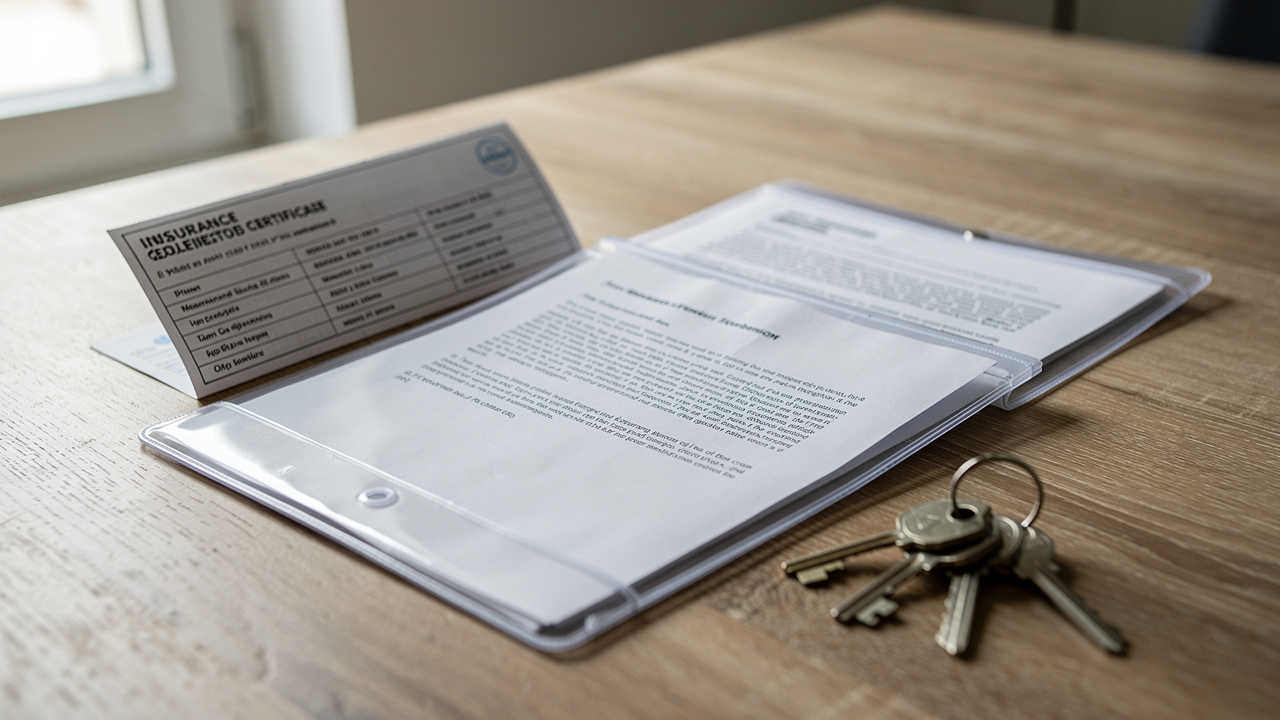 Dossier de sous-location sur une table en bois, avec attestation d’assurance, bail et clés disposés de façon ordonnée.