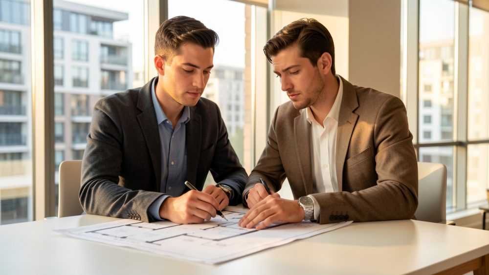 Jeune homme étudiant des plans d’appartement lumineux dans un intérieur moderne, avec des immeubles urbains visibles en arrière-plan.