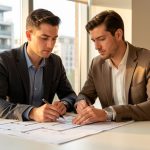 Acheter un premier logement à louer : 7 repères utiles Jeune homme étudiant des plans d’appartement lumineux dans un intérieur moderne, avec des immeubles urbains visibles en arrière-plan.