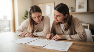 Une femme locataire et une femme sous-locataire relisent attentivement un contrat d’assurance habitation sur une table dans un appartement lumineux.