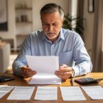 Micro-foncier ou réel : quel régime pour vos loyers ? Un propriétaire bailleur examine des documents financiers vierges et des relevés de loyers disposés sur une table dans un appartement lumineux.