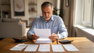 Un propriétaire bailleur examine des documents financiers vierges et des relevés de loyers disposés sur une table dans un appartement lumineux.