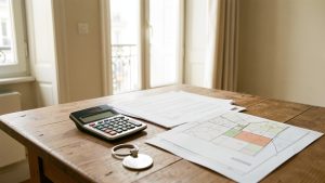 Intérieur lumineux d’un appartement locatif français avec une calculatrice, des documents administratifs vierges et des plans cadastraux simplifiés sur une table en bois.