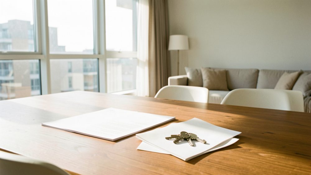 Appartement lumineux prêt à louer avec un dossier administratif aux pages vierges et des clés posés sur une table en bois.