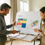 Un homme et une femme consultent un tableau de budget immobilier vierge avec une calculatrice, des documents de prêt et une carte abstraite des prix locaux dans un intérieur lumineux.