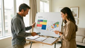 Un homme et une femme consultent un tableau de budget immobilier vierge avec une calculatrice, des documents de prêt et une carte abstraite des prix locaux dans un intérieur lumineux.