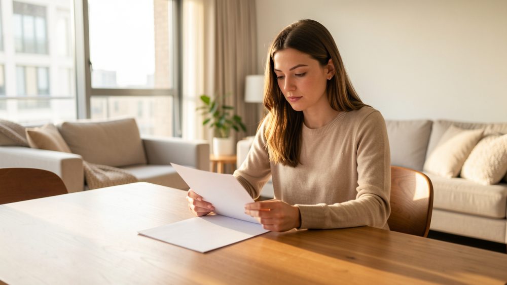 Jeune femme consultant des documents vierges sur une table dans un appartement lumineux et moderne.