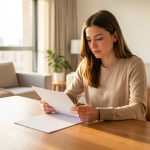 Jeune femme consultant des documents vierges sur une table dans un appartement lumineux et moderne.