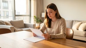 Jeune femme consultant des documents vierges sur une table dans un appartement lumineux et moderne.