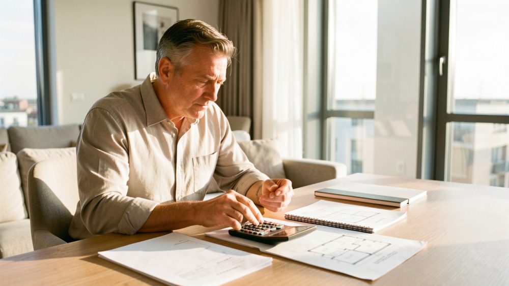 Un propriétaire analyse la rentabilité d’un appartement lumineux à l’aide d’une calculatrice et de documents immobiliers.