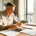 Rentabilité locative : 7 leviers pour un projet immobilier solide Un propriétaire analyse la rentabilité d’un appartement lumineux à l’aide d’une calculatrice et de documents immobiliers.