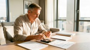 Un propriétaire analyse la rentabilité d’un appartement lumineux à l’aide d’une calculatrice et de documents immobiliers.
