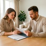 Une propriétaire et un locataire examinent ensemble un dossier de location dans un appartement lumineux, dans une ambiance professionnelle.