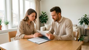 Une propriétaire et un locataire examinent ensemble un dossier de location dans un appartement lumineux, dans une ambiance professionnelle.
