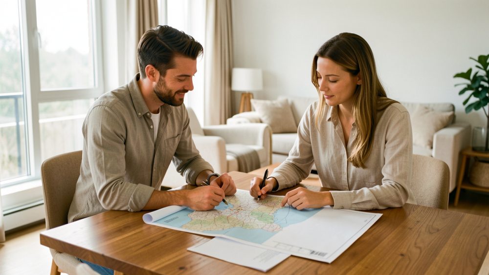 Un homme et une femme consultent une carte régionale sans texte et des documents immobiliers vierges dans un appartement moderne et lumineux.