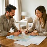 Comment analyser qui achète et où en Île-de-France malgré la reprise fragile ? Un homme et une femme consultent une carte régionale sans texte et des documents immobiliers vierges dans un appartement moderne et lumineux.