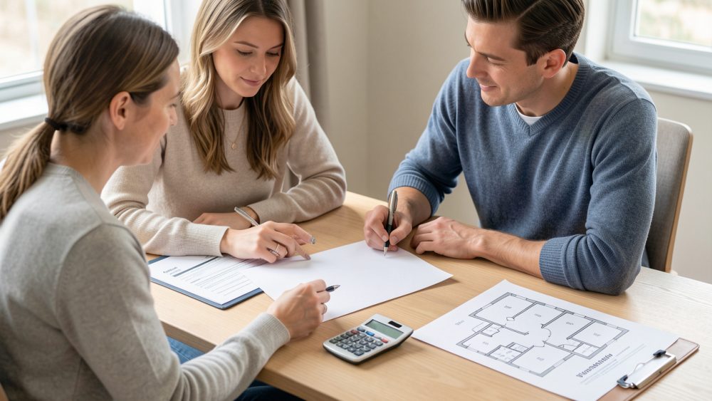 Un homme et une femme examinent ensemble un dossier immobilier, une calculatrice et des plans d'appartement sur une table en bois.