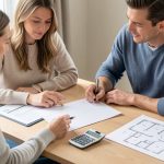Un homme et une femme examinent ensemble un dossier immobilier, une calculatrice et des plans d'appartement sur une table en bois.