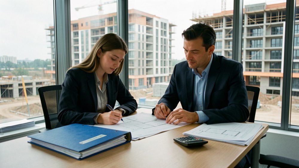 Un jeune couple étudie des plans immobiliers vierges avec un conseiller bancaire, tandis que des immeubles neufs en construction apparaissent à l’arrière-plan.