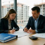Un jeune couple étudie des plans immobiliers vierges avec un conseiller bancaire, tandis que des immeubles neufs en construction apparaissent à l’arrière-plan.