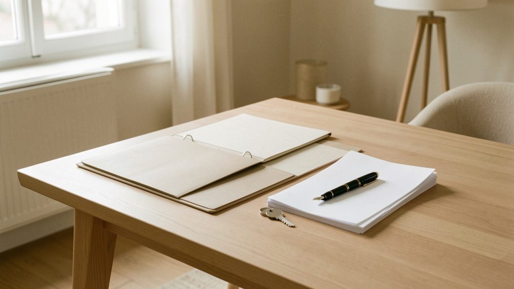 Intérieur sobre et lumineux d’un appartement français, avec un dossier neutre, des feuilles vierges, un stylo et une clé posés sur une table en bois.