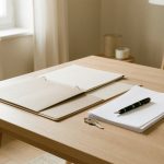 Intérieur sobre et lumineux d’un appartement français, avec un dossier neutre, des feuilles vierges, un stylo et une clé posés sur une table en bois.