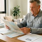 Un propriétaire consulte une carte communale et des documents de location meublée sur une table, dans un appartement urbain lumineux.