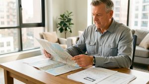 Un propriétaire consulte une carte communale et des documents de location meublée sur une table, dans un appartement urbain lumineux.