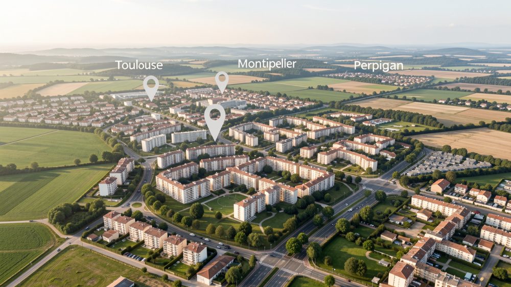 Vue aérienne réaliste de l’Occitanie montrant les zones urbaines de Toulouse, Montpellier et Perpignan, avec des immeubles résidentiels et une lumière naturelle.