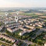 Vue aérienne réaliste de l’Occitanie montrant les zones urbaines de Toulouse, Montpellier et Perpignan, avec des immeubles résidentiels et une lumière naturelle.