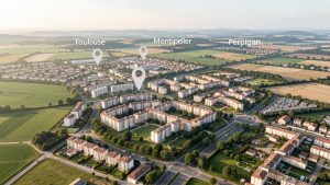 Vue aérienne réaliste de l’Occitanie montrant les zones urbaines de Toulouse, Montpellier et Perpignan, avec des immeubles résidentiels et une lumière naturelle.
