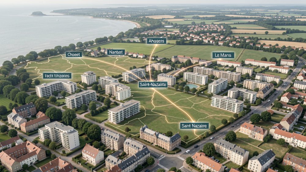 Vue aérienne réaliste et éditoriale de l’ouest de la France, reliant symboliquement Angers, Nantes, Cholet, Saint-Nazaire et Le Mans, avec des immeubles résidentiels contemporains et anciens.