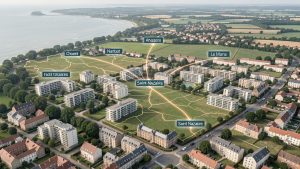 Vue aérienne réaliste et éditoriale de l’ouest de la France, reliant symboliquement Angers, Nantes, Cholet, Saint-Nazaire et Le Mans, avec des immeubles résidentiels contemporains et anciens.