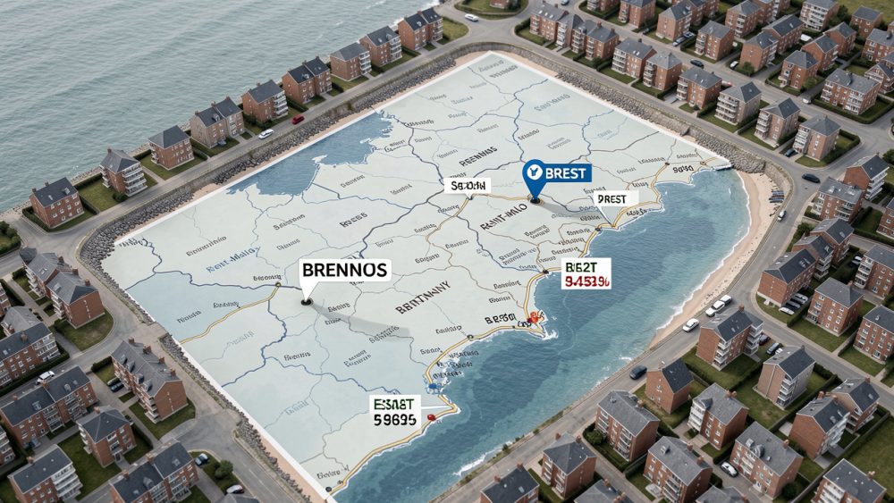 Vue éditoriale d’une carte de Bretagne représentant Rennes, Brest et Saint-Malo avec des immeubles résidentiels et des repères visuels liés aux prix immobiliers.