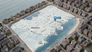 Vue éditoriale d’une carte de Bretagne représentant Rennes, Brest et Saint-Malo avec des immeubles résidentiels et des repères visuels liés aux prix immobiliers.