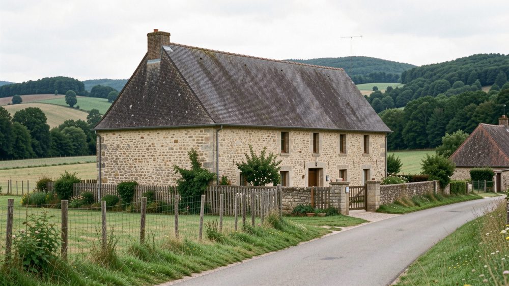 Maison individuelle en pierre située dans une rue calme d’un village rural de la Nièvre, avec le paysage vallonné du Morvan en arrière-plan.