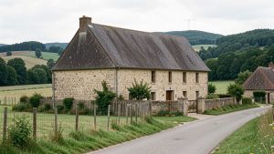 Maison individuelle en pierre située dans une rue calme d’un village rural de la Nièvre, avec le paysage vallonné du Morvan en arrière-plan.