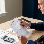 Quels indicateurs choisir pour rénover, louer ou vendre un logement locatif ? Un propriétaire examine des documents liés à la rentabilité locative, avec des factures de travaux, une calculatrice et des plans d’appartement sur un bureau.