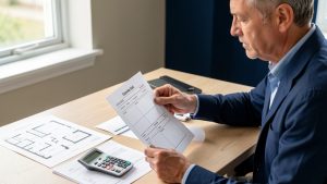 Un propriétaire examine des documents liés à la rentabilité locative, avec des factures de travaux, une calculatrice et des plans d’appartement sur un bureau.
