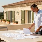 Vaut-il mieux vendre sans agence ou avec un professionnel en PACA ? Un propriétaire consulte des documents vierges sur la terrasse lumineuse d’un appartement élégant en Provence-Alpes-Côte d’Azur.