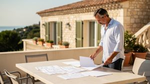 Un propriétaire consulte des documents vierges sur la terrasse lumineuse d’un appartement élégant en Provence-Alpes-Côte d’Azur.