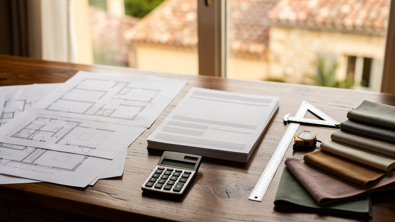 Table de travail avec documents d’évaluation immobilière sans écriture, plans architecturaux, outils de mesure et vue sur des maisons provençales ensoleillées.
