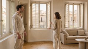 Un homme et une femme visitent un appartement lumineux en été et observent les volets extérieurs ainsi que les fenêtres ouvertes.