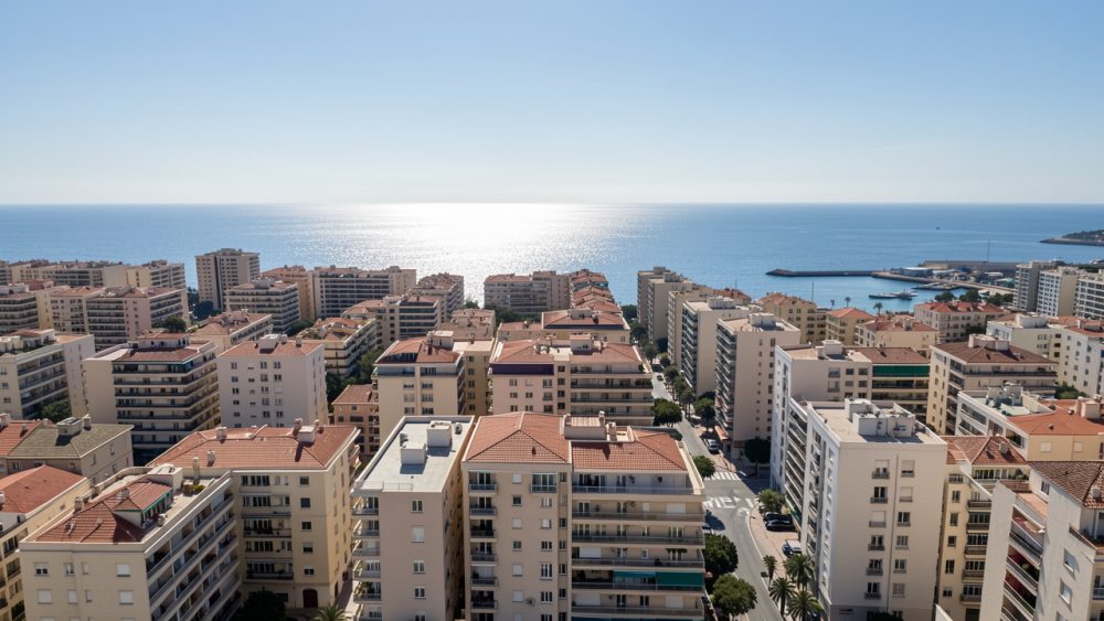Vue réaliste de Toulon depuis les hauteurs, avec les immeubles du centre-ville et la mer Méditerranée en arrière-plan.